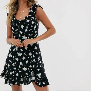 FREE PEOPLE Like A Lady Mini Dress Black Lemon Print Linen Size Small